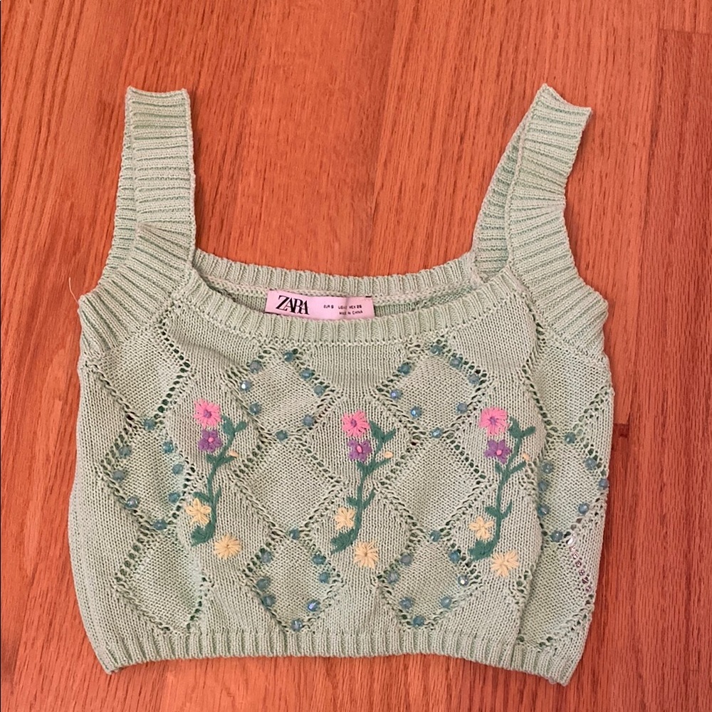 Zara Mint Green Knit Top with Floral Details